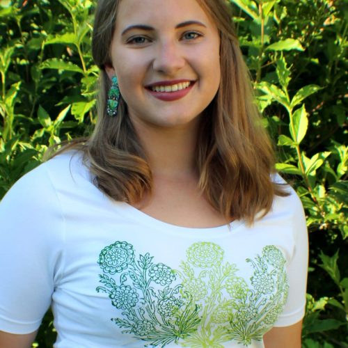 T-Shirt zum Trachtenrock in Weiß mit floralem Handdruck in Grün